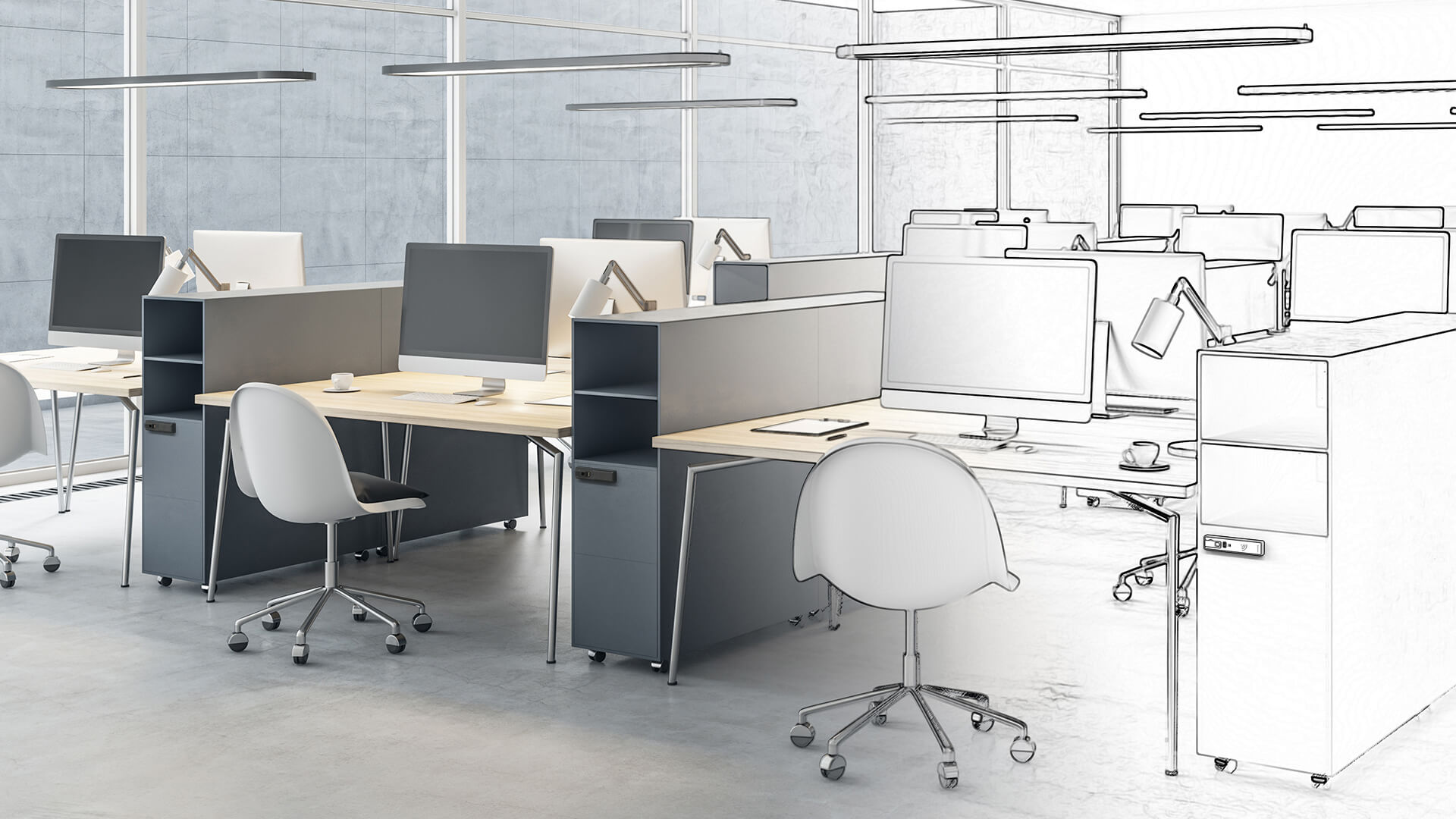 Modern open-plan office with gray desks, computers, rolling chairs, and overhead lights